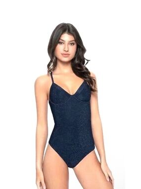 NWT PQ Swim Small Navy Sparkly One Piece Swimsuit Cheeky Cut Out Open Back Blue